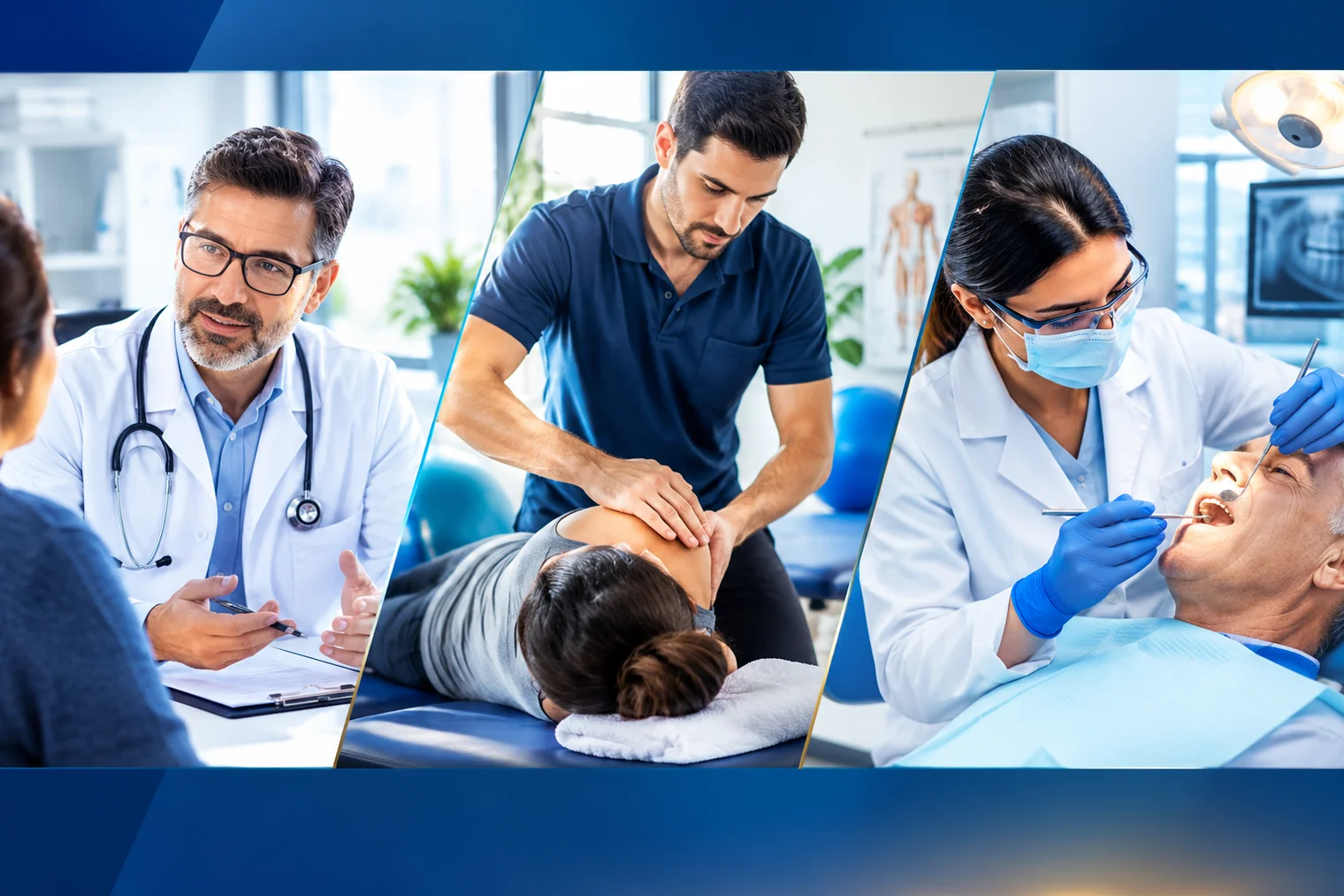 Médico, terapeuta e dentista em seus locais de trabalho
